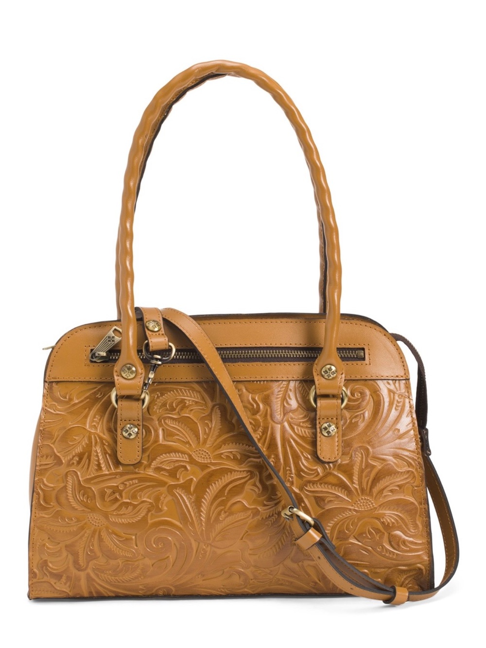 Patricia Nash Tan Embossed Leather Satchel with Floral Tooling